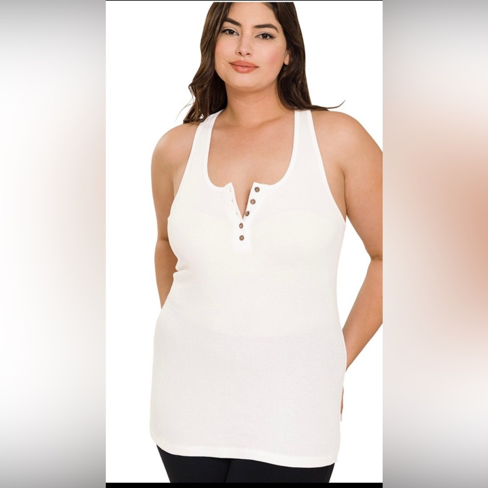 Alona White Soft Ribbed Cotton Knit Henley Tank Top